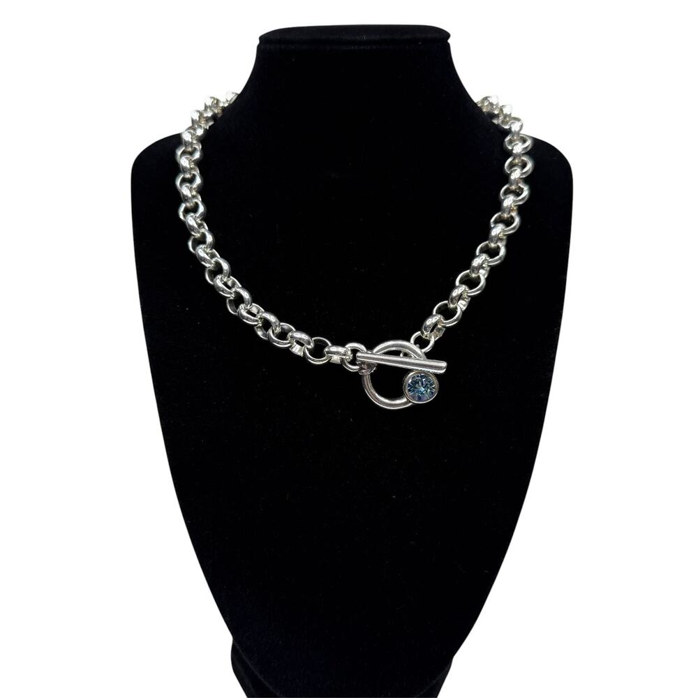 Chunky Silver Tone Rolo Chain Necklace with Blue Stone Toggle Clasp Fashion 18"